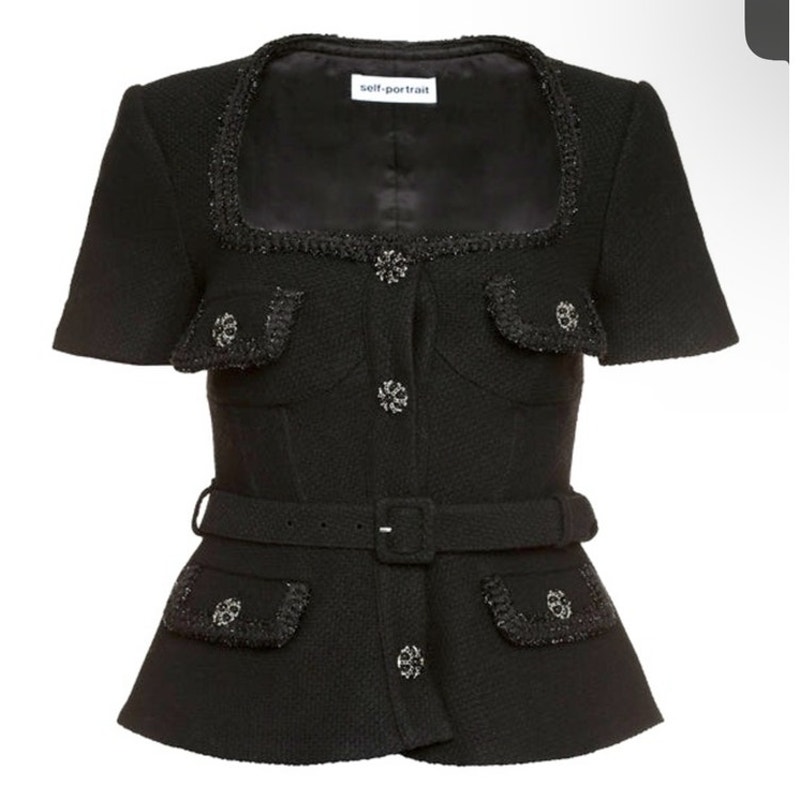 New! Self-Portrait Black Tweed Textured Belted Peplum Top